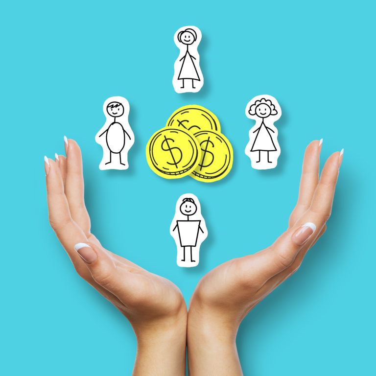 Hands holding paper people and dollar coins over blue background